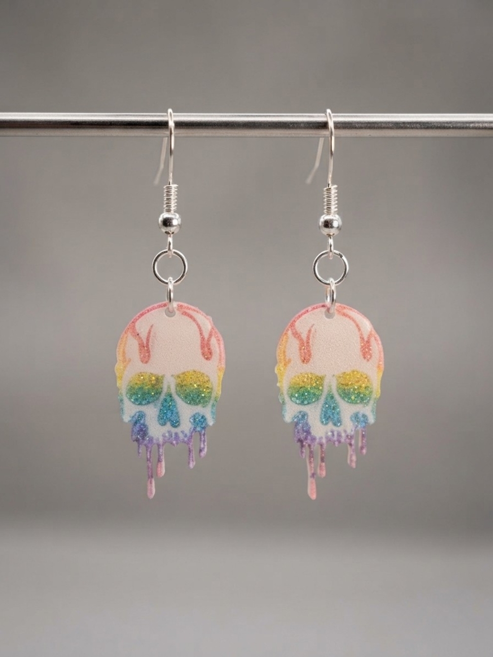 NEW Handmade Rainbow Drip Skull Dangle Earrings (0365)